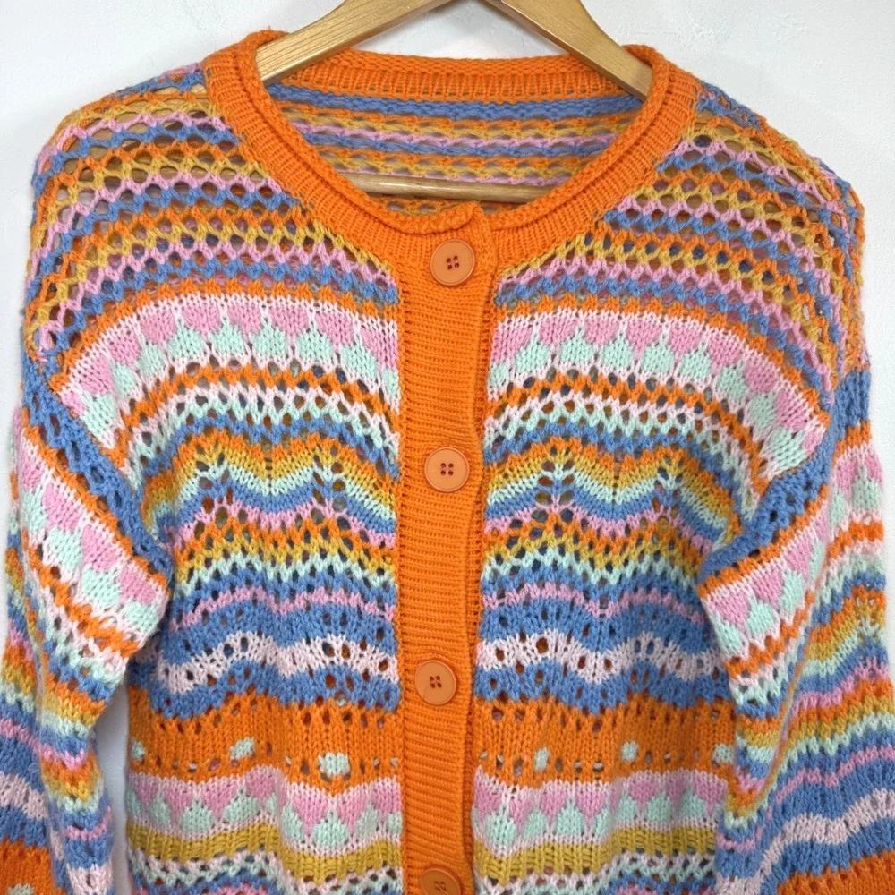 Rainbow Crochet Knit‎ Cardigan Orange Blue Chevron Boho Festival Summer Sz S / M